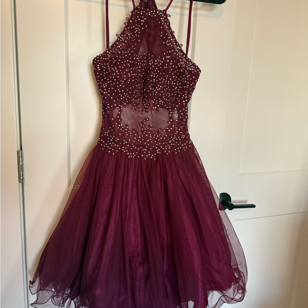Elegant Burgundy Beaded Halter Dress